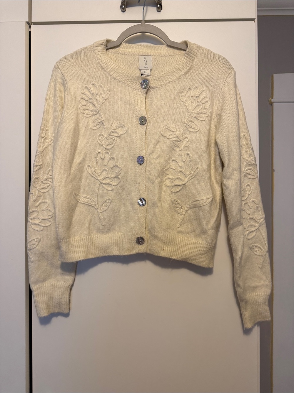 Joie Cream Floral Appliqué Button-Front Cardigan